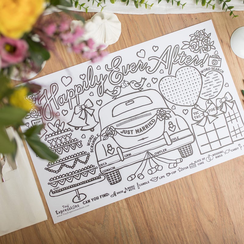 Tiny Expressions - Wedding Activity Placemats for Kids â€“ Pack of 12 Disposable Coloring Paper Mats for Wedding Table DÃ©cor, Includes Activities & Games for Kids - Image 4
